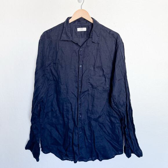 Uniqlo Linen Shirt Mens XXL Button Down Long Sleeve Collar Woven Navy Blue - Picture 1 of 5